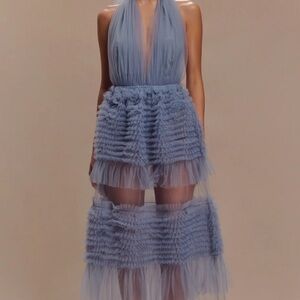 Meshki Minka Mesh Ruffle Halter Maxi Dress in Dusty Blue